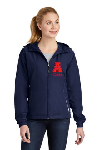 AHS Varsity Cheer Hooded Raglan Jacket with Red Falcon Decoration and Cheer Name and Graduation